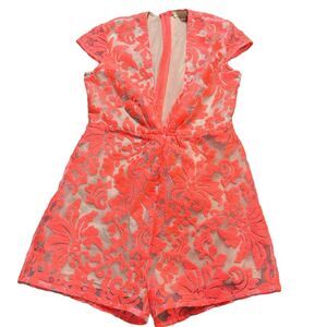 DANI Women’s Orange Nude Lace Overlay Plunge Neck Romper Size Medium